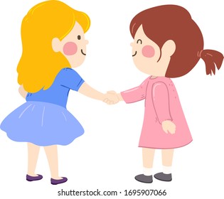 Illustration of Two Kid Girls Shaking Hands In Introduction