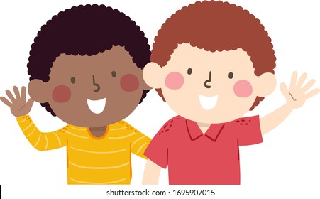 Illustration of Two Kids Boys, One White and Another African with the Same Hairstyle Waving and Looking Alike