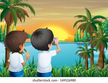 Illustration of the two kids with a camera at the riverbank