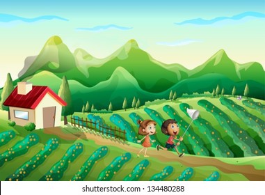 Illustration of the two kids catching butterflies at the farm