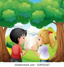 Illustration of the two kids discussing at the forest