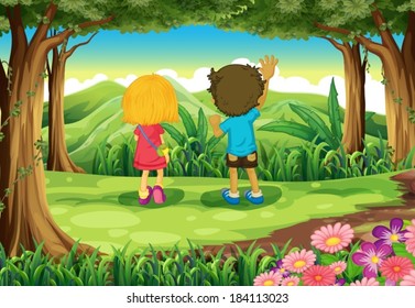 Illustration of the two kids at the forest watching the mountains