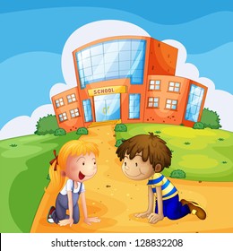 Illustration of two kids in front of the school