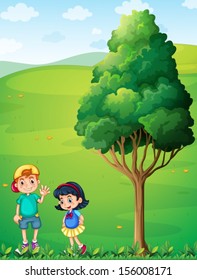 Illustration of the two kids at the hilltop near the tree