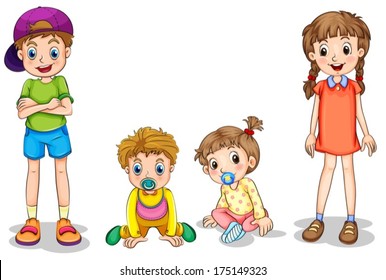 Illustration of the two kids and two infants on a white background