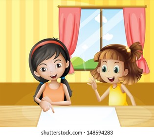 Illustration of the two kids inside the house watching the empty signage