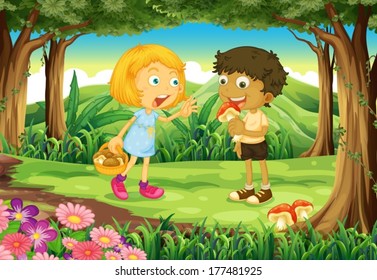 Illustration der beiden Kinder inmitten des Waldes