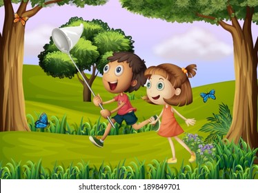 Illustration of the two kids playing at the forest with a net