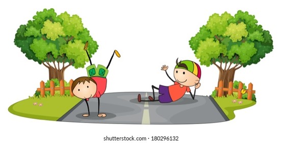 Illustration of the two kids playing in the middle of the road on a white background