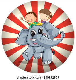 Illustration of the two kids riding at the back of a gray elephant on a white background