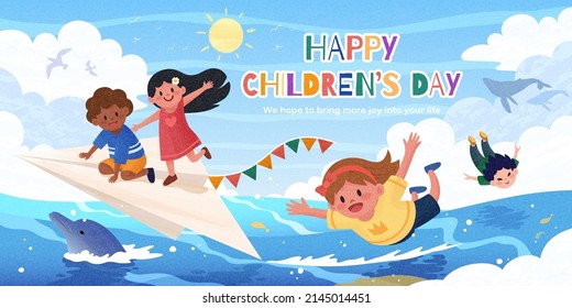 Illustration of two kids riding a paper airplane and other kids soaring through the surface of ocean as celebrations for Children's Day