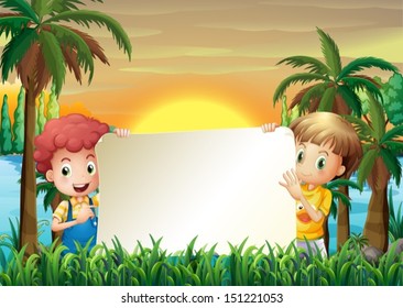 Illustration of the two kids at the riverbank holding an empty signage