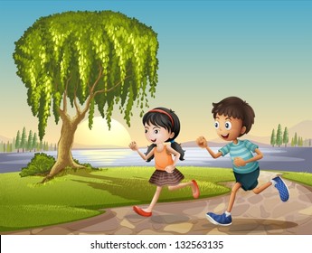 Illustration Of The Two Kids Running Together