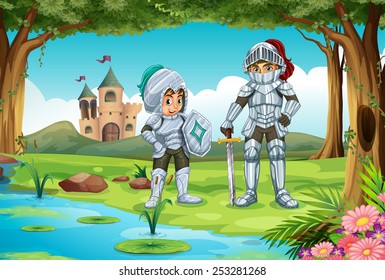 Ilustración de dos caballeros parados en un bosque 