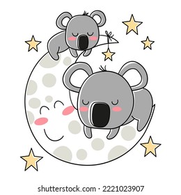 Illustration of two koalas sleeping on the smiling moon