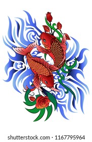 illustration of a two koi fish on wave tattoo on white background
