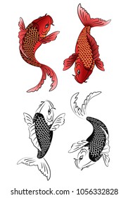 illustration of a two koi fish tattoo in color and black and white on white background