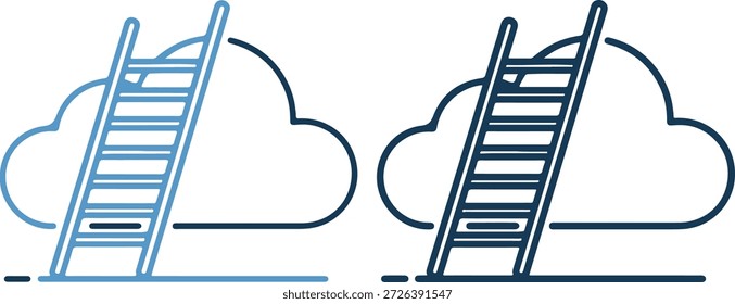 Una ilustración de dos escaleras, una azul claro y otra azul oscuro, apoyadas contra dos nubes sobre un fondo blanco puro, simbolizando aspiraciones y objetivos.