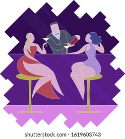 An illustration of two ladies sitting in a bar and a bartender making them cocktails.