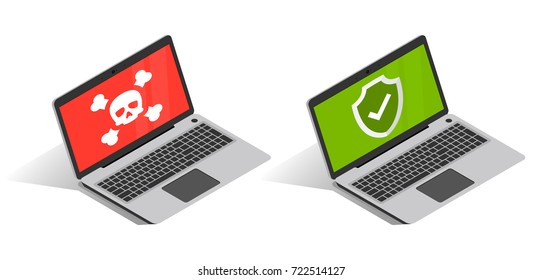 Illustration of two laptops - infected by virus and clean one