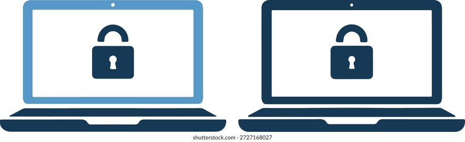Illustration of two laptops with padlocks on screens in a blue line art style, on a white background