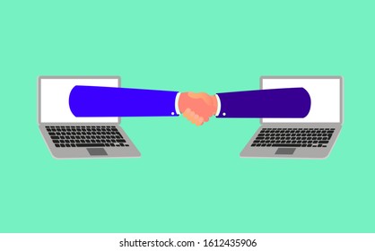 Illustration of two laptops from which two arms come out that shake hands