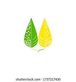 Illustration of two leaves of different colors namely green and yellow, then there are also several colorful triangles.