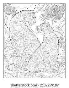 Ilustración de dos leopardos en la selva. Animales salvajes. Imagen de estilo zen-tangle. Página imprimible para dibujar y meditar. Libro de Colores para niños y adultos. Vector blanco y negro.