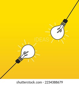 Illustration of two light bulbs on a yellow background. Concept of teamwork to generate ideas. Creativity and innovation in business