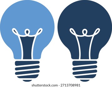 Una ilustración de dos bombillas lado a lado sobre un fondo blanco puro, una azul claro y otra azul oscuro con contornos blancos y diseño simple
