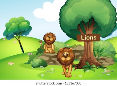 Illustration of the two lions at the forest with a wooden signboard