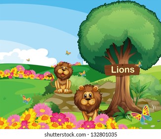 Illustration of the two lions in the garden with a wooden signboard