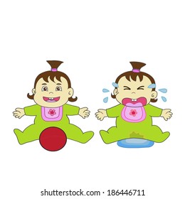 Illustration of two little baby girl ,one is happy and another one is sad.