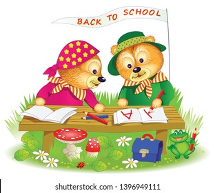 Illustration of two little bears learning to read and to write. Printable page for baby book. Back to school. Hand-drawn vector cartoon image.