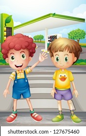 Illustration of two little boys near the gasoline station