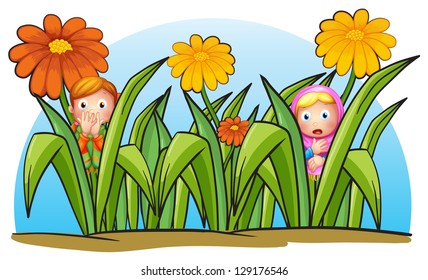 Illustration of two little girls hiding on a white background