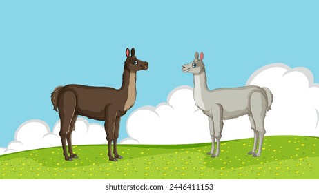 Illustration of two llamas on a grassy field