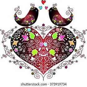 Illustration of two love birds sitting and singing on a ornate heart with openwork pattern decorated with flowers, leaves, curls, pinstripes and pearls