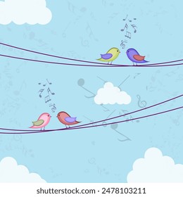 Illustration of Two Lovebirds Singing Songs on String  and Blue Music Notes Background.