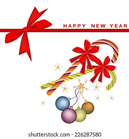 An Illustration Two Lovely Candy Canes with Red Bow and Christmas Ball or Christmas Ornament on Greeting Card, The Most Often Seen Symbols of Christmas.  