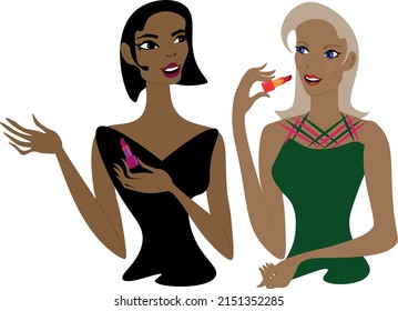 Illustration of two lovely friends with cosmetic. Two beautiful ladies paint their lips, choose the color of lipstick and think what they need more for make-up, mascara, foundation, powder, highlighte