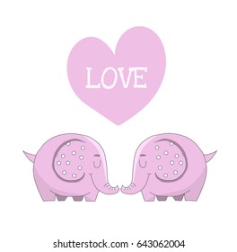 Illustration of two lovers of pink elephants with a heart and a word love