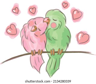Illustration, two loving parrots on a lordochka hug each other against the background of hearts. Postcard for lovers.