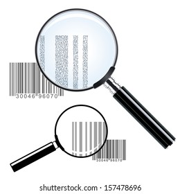 Illustration of two magnifying glasses of different sizes over bar codes enlarging the print showing the commercial inventory identification and pricing data - conceptual of investigation or research