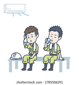 It is an illustration of two male workers taking a rest in a cool place. Vector image.