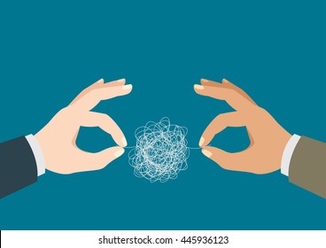 Illustration of a two man hands trying to untangle the tangled thread