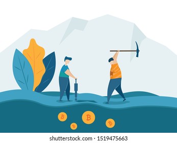 illustration of two man mining for bitcoins crypto currency concept vector cartoon flat design