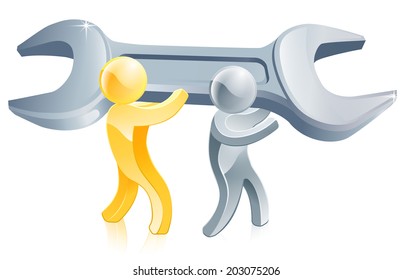 An illustration of two mascot people, one gold one silver, with a wrench