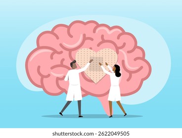 An illustration of two medical professionals applying a heart shaped adhesive bandage to a human brain, symbolizing emotional support and psychological healing