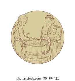 Illustration Of Two Medieval Alewife Brewing Beer Ale In Vat Open Top Barrel Done In Hand Drawn Sketch Drawing Style.